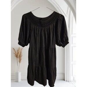 Old Navy Black Smocked Tiered Dress Medium Cotton Blend Short Puff Sleeves